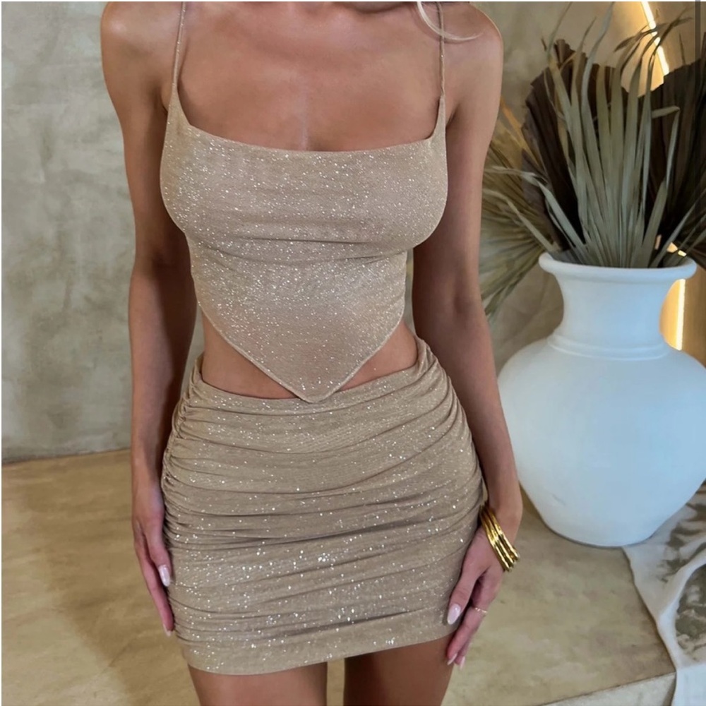 Sparkle Beige Two-Piece Skirt Set